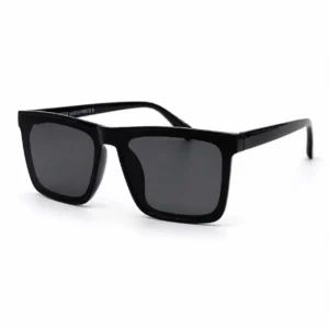 Glossy black square sunglasses with a flat-top silhouette and dark tinted lenses, a bold daily eyewear option for men.