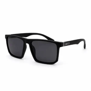 Matte black square plastic sunglasses frame with dark lenses and subtle metal temple plaque for men and women.