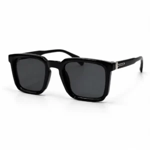 Glossy black square sunglasses with dark tinted lenses and a silver hinge clip accent, a bold daily eyewear option for men.