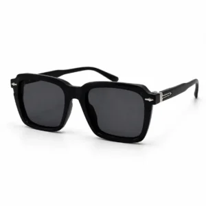 Glossy black square sunglasses with dark tinted lenses and silver arrow temple accents, a bold daily eyewear option for men.