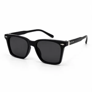 Matte black rectangular sunglasses with dark tinted lenses and silver arrow temple accents, a bold daily eyewear option for men.