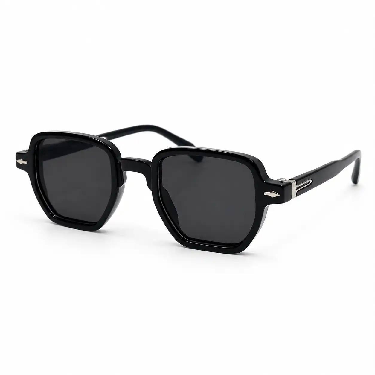 Glossy black geometric sunglasses with dark tinted lenses and silver arrow hinge accents, a bold daily eyewear option for men.