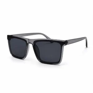 Translucent smoke grey square sunglasses with dark tinted lenses and a flat-top silhouette, a bold daily eyewear option for men.
