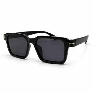 Glossy black square plastic sunglasses frame with dark lenses and gold T-hinge accents for men and women.