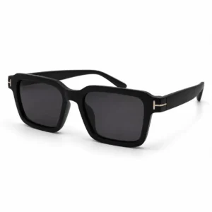 Matte black square plastic sunglasses frame with dark lenses and gold T-hinge accents for men and women.