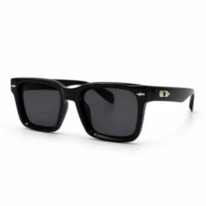Glossy black square sunglasses with dark tinted lenses and a silver hexagon hinge accent, a bold daily eyewear option for men.