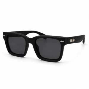 Matte black square sunglasses with dark tinted lenses and silver hexagon hinge accents, a bold daily eyewear option for men.