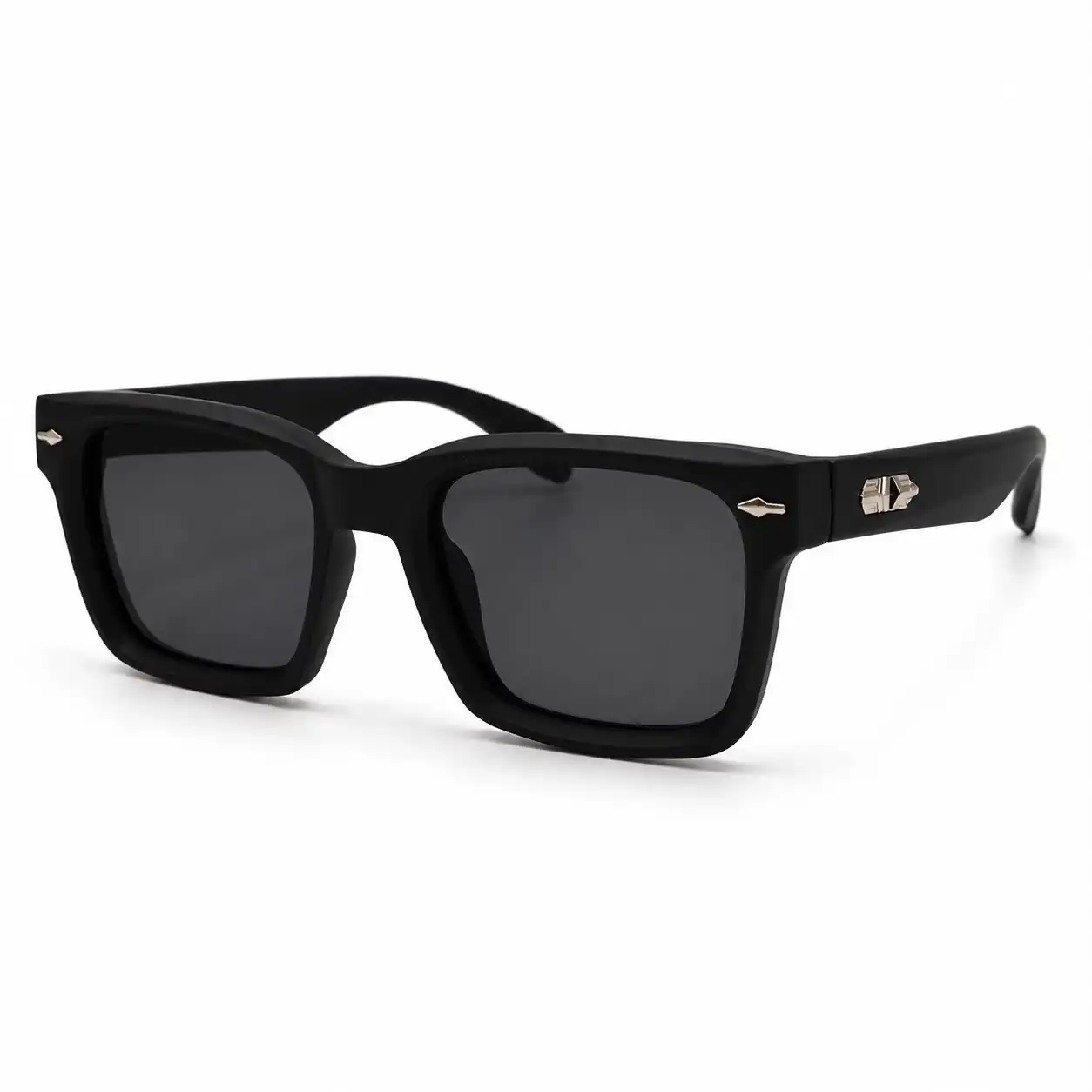 Matte black square sunglasses with dark tinted lenses and silver hexagon hinge accents, a bold daily eyewear option for men.