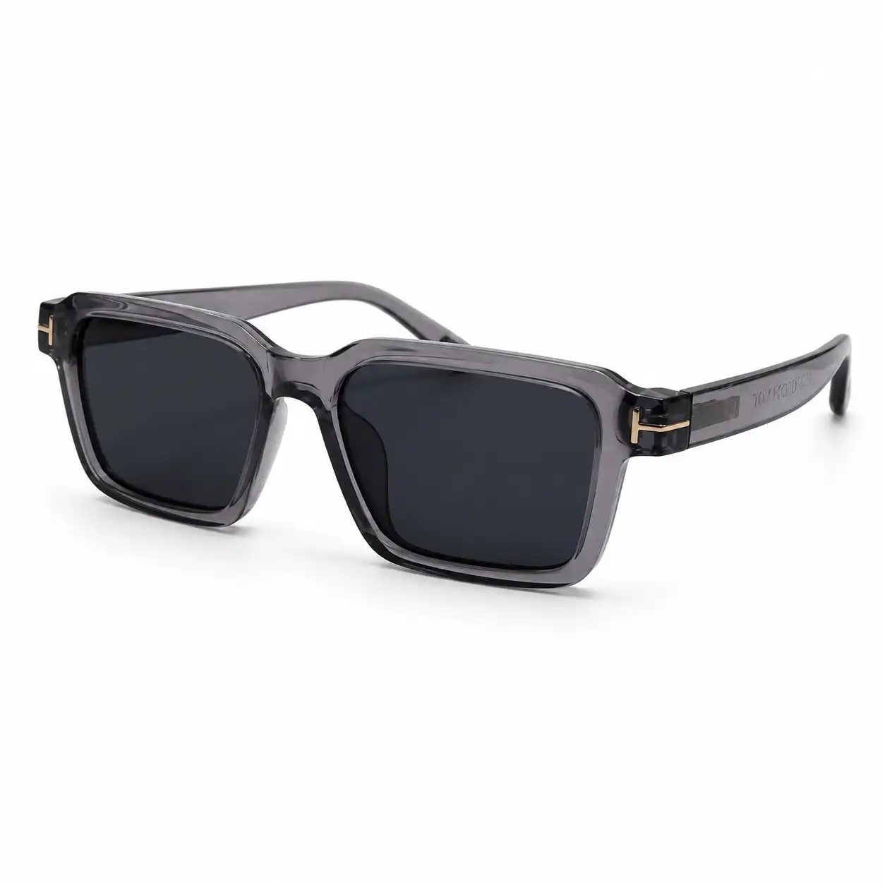 Transparent grey square plastic sunglasses frame with dark lenses and gold metal accents for men and women.