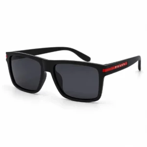 Side View of Matte black square plastic sunglasses frame with dark lenses and red stripe temple details for men and women.