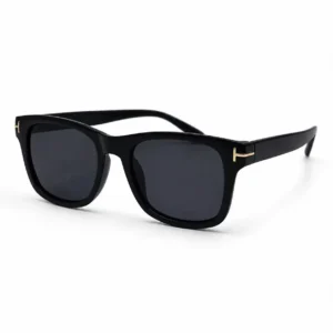 Glossy black square plastic sunglasses frame with dark lenses and gold T-hinge accents for men and women.
