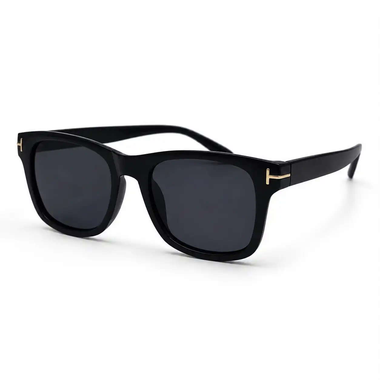 Glossy black square plastic sunglasses frame with dark lenses and gold T-hinge accents for men and women.