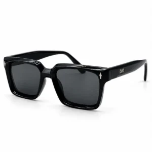 Glossy black square sunglasses with dark tinted lenses and silver arrow temple accents, a bold daily eyewear option for men.