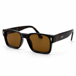 Tortoiseshell square sunglasses with amber brown lenses and silver arrow temple accents, a bold daily eyewear option for men.