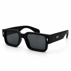 Matte black rectangular sunglasses with dark tinted lenses and silver arrow temple accents, a bold daily eyewear option for men.