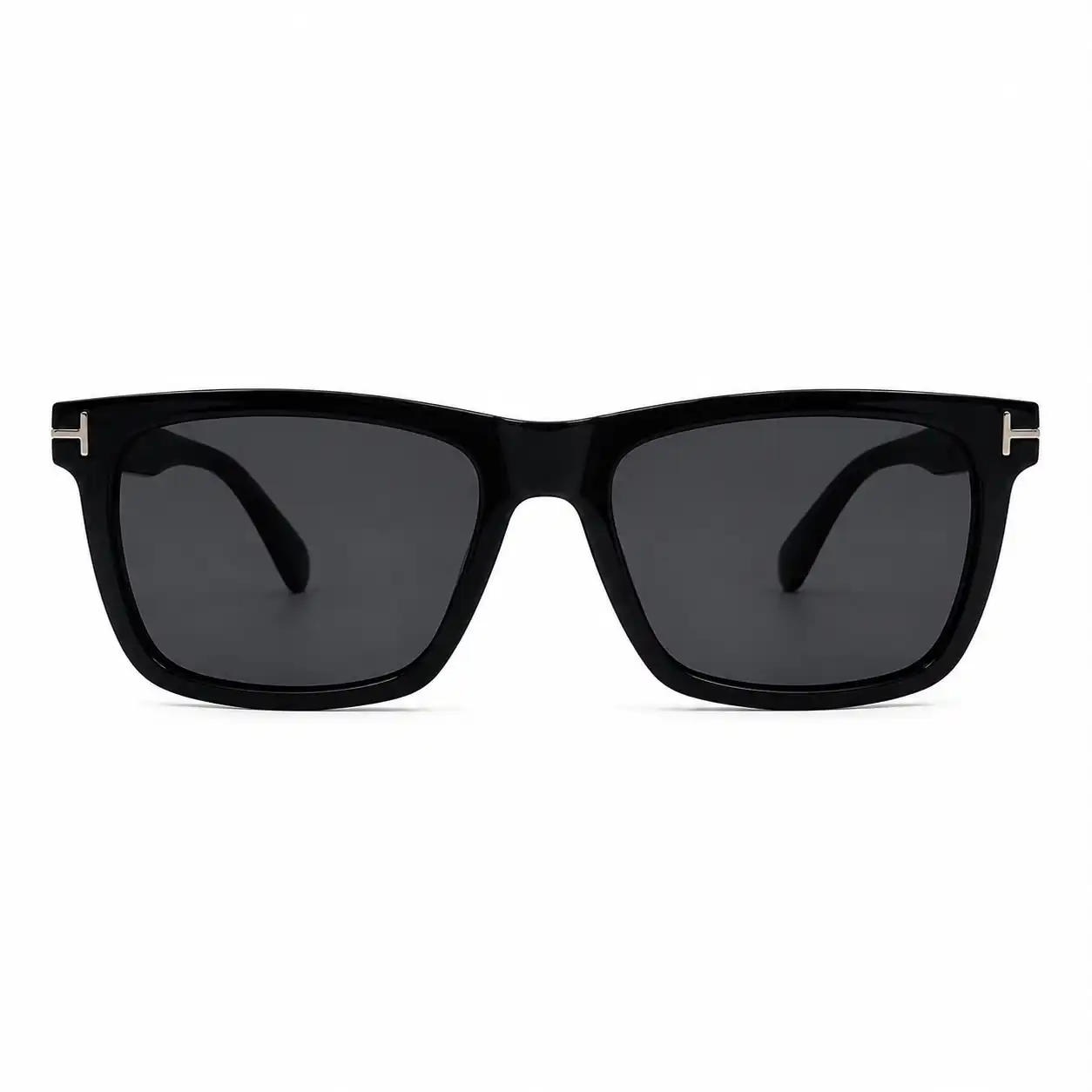 Glossy black square plastic sunglasses frame with dark lenses and metallic hinge accents for men and women.