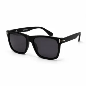 Glossy black square plastic sunglasses frame with dark lenses and metallic hinge accents for men and women.