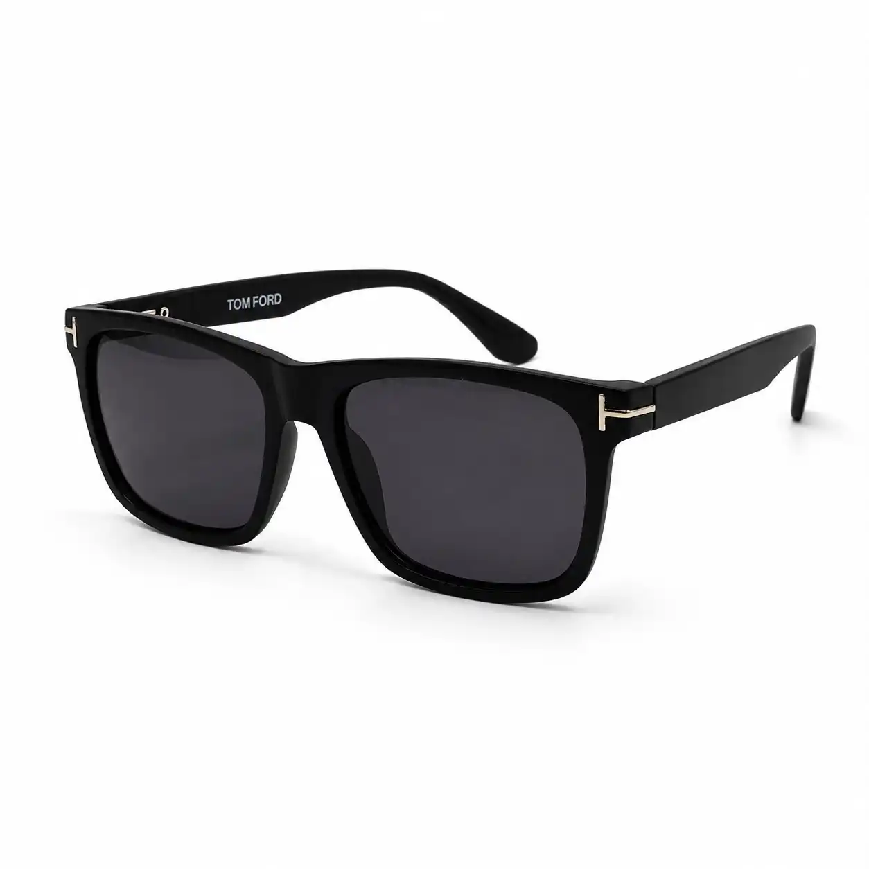 Glossy black square plastic sunglasses frame with dark lenses and metallic hinge accents for men and women.