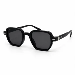 Black geometric sunglasses with dark tinted lenses and silver arrow hinge accents, a bold daily eyewear option for men.