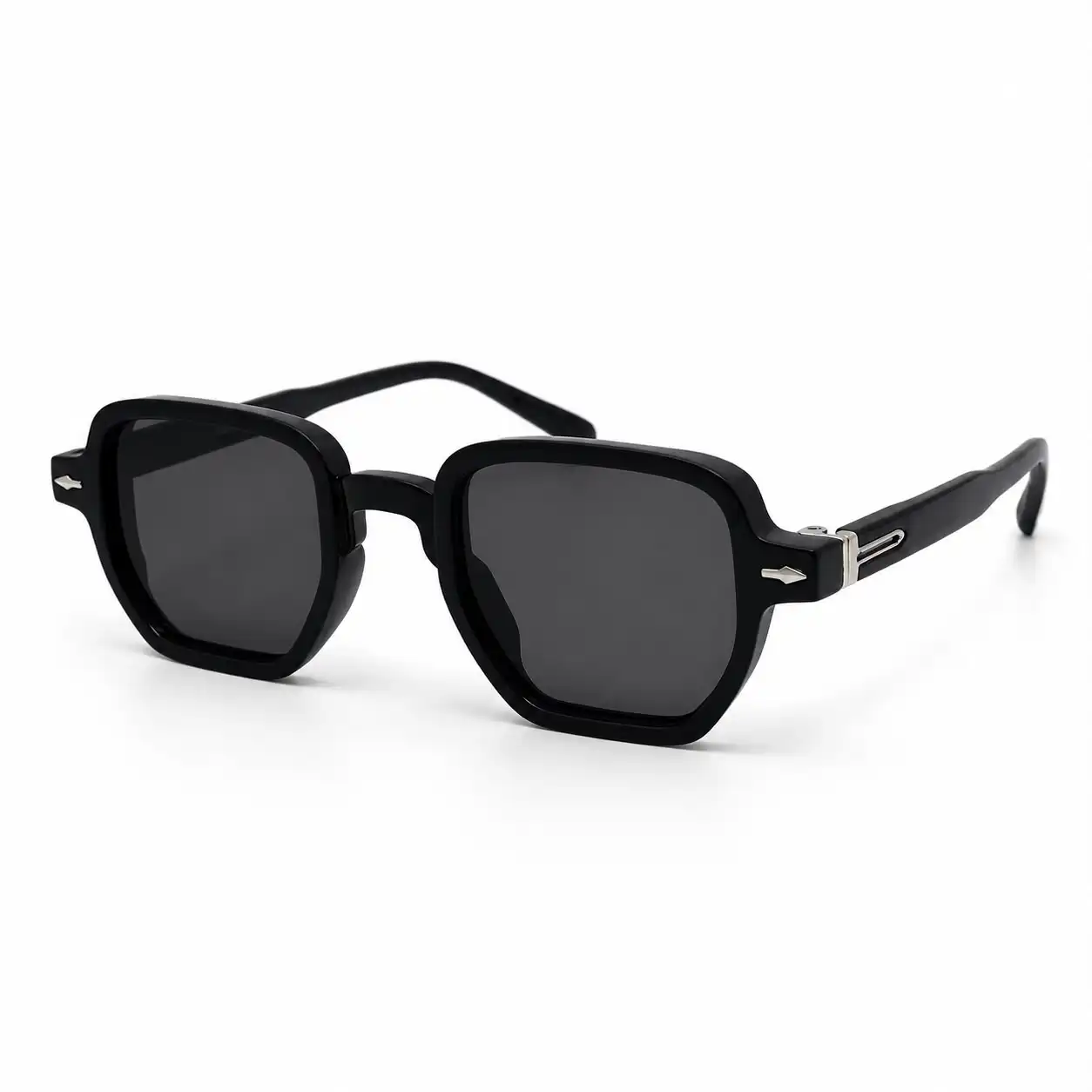 Black geometric sunglasses with dark tinted lenses and silver arrow hinge accents, a bold daily eyewear option for men.