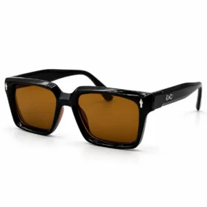 Dark brown square sunglasses with amber brown lenses and silver arrow temple accents, a bold daily eyewear option for men.