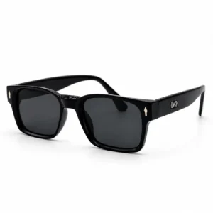 Glossy black square plastic sunglasses frame with dark lenses for men and women.