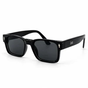 Glossy black square plastic sunglasses frame with dark lenses for men and women.