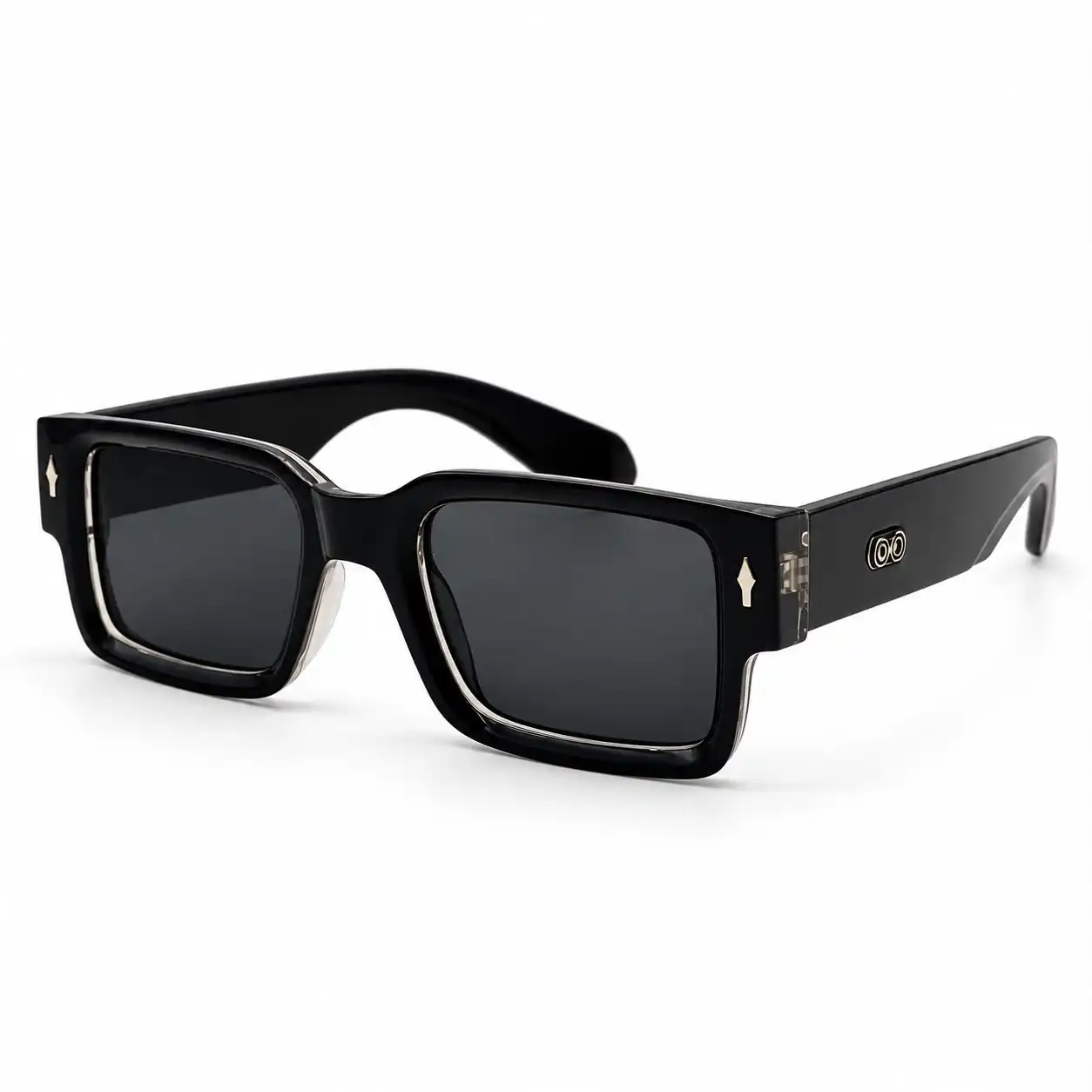 Glossy black square plastic sunglasses frame with dark lenses for men and women.