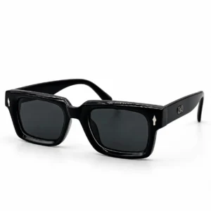 glossy black square plastic sunglasses frame with dark lenses for men and women.