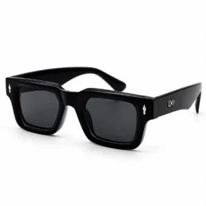 glossy black square plastic sunglasses frame with dark lenses for men and women.