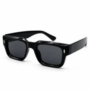 glossy black square plastic sunglasses frame with dark lenses for men and women.