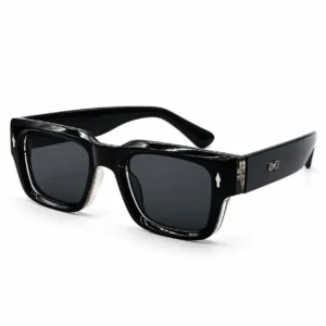 glossy black square plastic sunglasses frame with dark lenses for men and women.