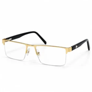 Gold semi-rimless rectangular frame with a triangular temple accent, an executive eyeglasses option for men.