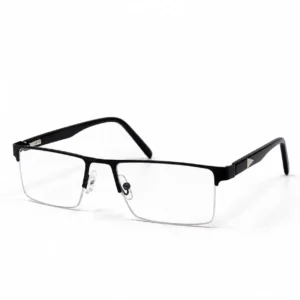 Black semi-rimless rectangular frame with a triangular temple accent, an executive eyeglasses option for men.