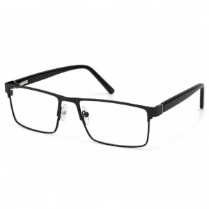Slim black full-rim rectangular frame with a hinge stud detail, an executive eyeglasses option for men.