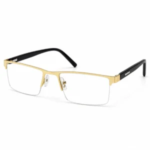Gold semi-rimless rectangular frame with black temple tips and a silver hinge accent, an executive eyeglasses option for men.