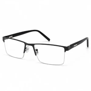 Matte black semi-rimless rectangular frame with a silver hinge accent, an executive eyeglasses option for men.