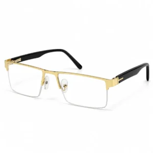 Gold semi-rimless rectangular frame with black temple tips, a premium executive eyeglasses option for men.
