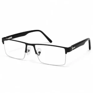 Matte black semi-rimless rectangular frame with a metal browline, an executive eyeglasses option for men.