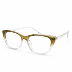 Olive-to-clear gradient cat-eye full-rim frame with an angular top edge, a stylish daily eyeglasses option for women.