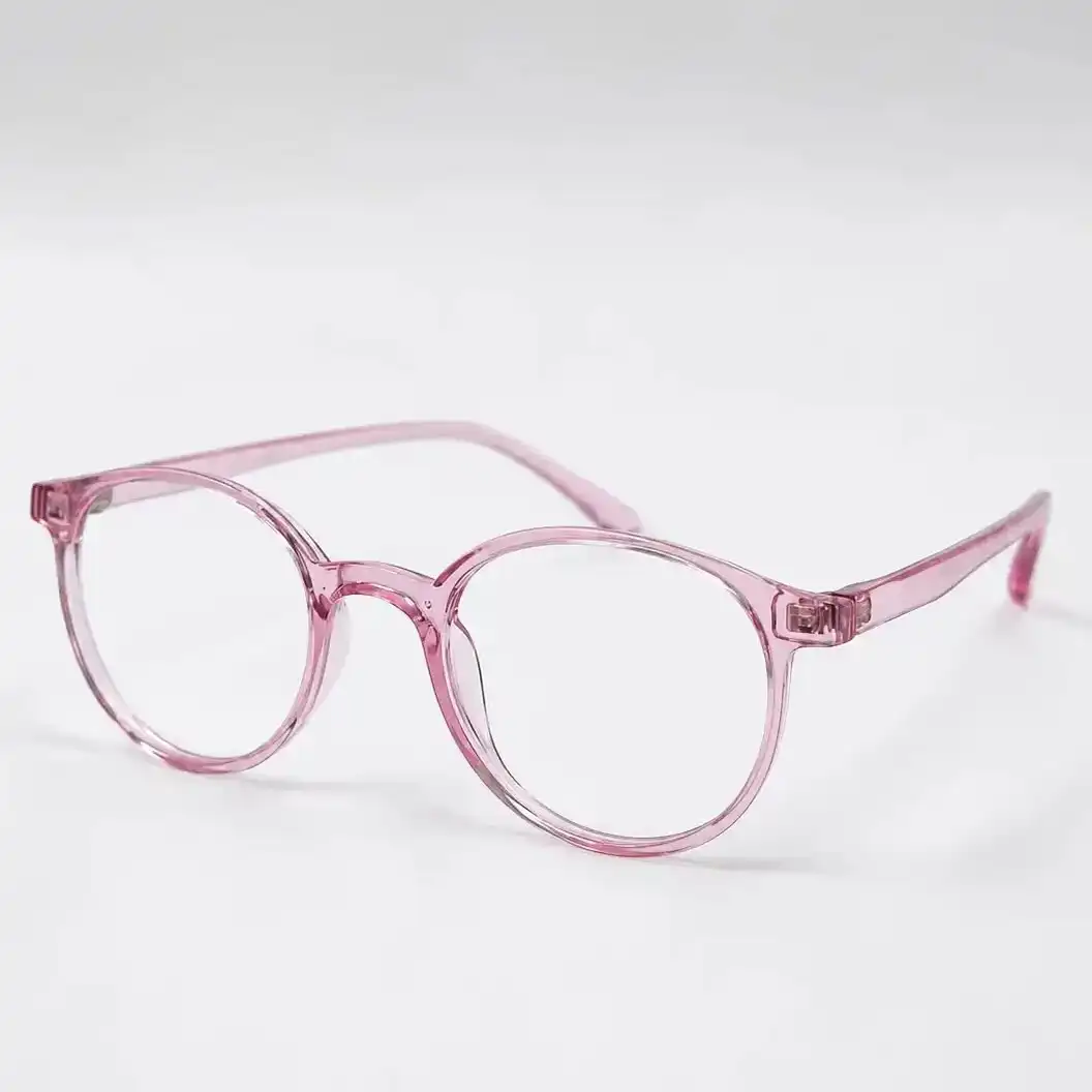 Translucent pink round full-rim frame with a soft, lightweight build, a chic daily eyeglasses option for men & women.
