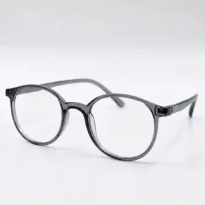 OP-0242 translucent smoke grey Wellington round plastic eyeglasses frame with smooth matching temples for men and women.