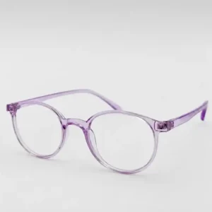 OP-0243 translucent crystal purple round plastic eyeglasses frame with smooth matching temples for men and women.