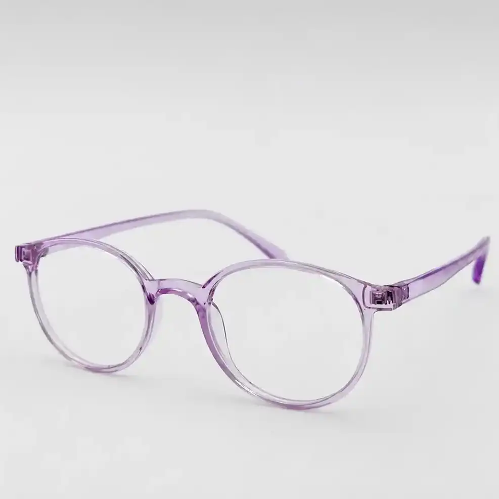 OP-0243 translucent crystal purple round plastic eyeglasses frame with smooth matching temples for men and women.