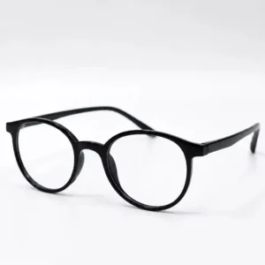 OP-0244 solid glossy black Wellington round plastic eyeglasses frame with smooth matching black temples for men and women.