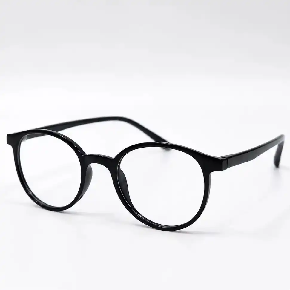 OP-0244 solid glossy black Wellington round plastic eyeglasses frame with smooth matching black temples for men and women.