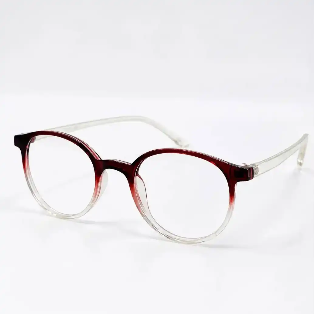 OP-0245 rich wine red to clear gradient Wellington round plastic eyeglasses frame with smooth transparent temples for men and women.