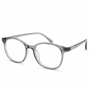 OP-0246 translucent smoke grey Wellington round plastic eyeglasses frame with smooth matching temples for men and women.