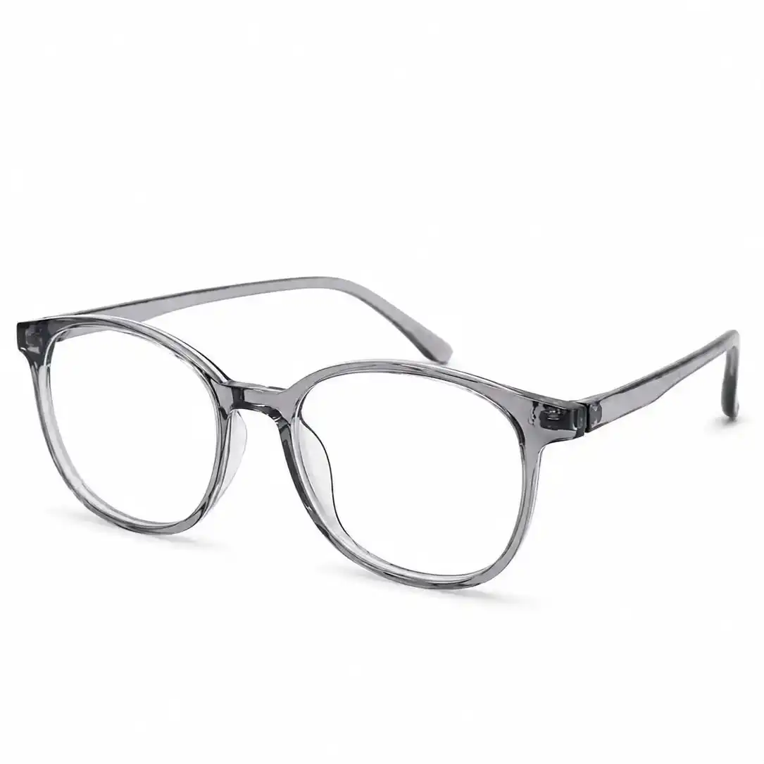 OP-0246 translucent smoke grey Wellington round plastic eyeglasses frame with smooth matching temples for men and women.