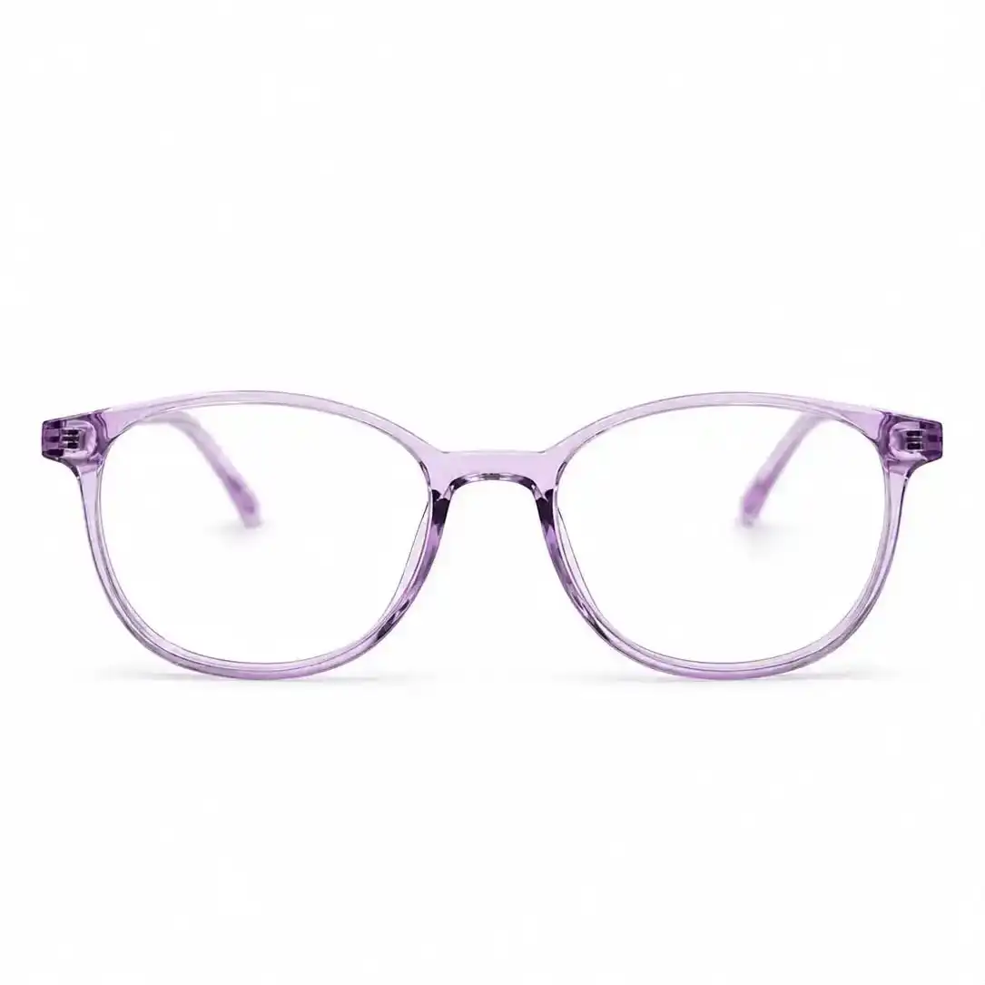 OP-0248 translucent crystal purple round plastic eyeglasses frame with smooth matching temples for men and women.